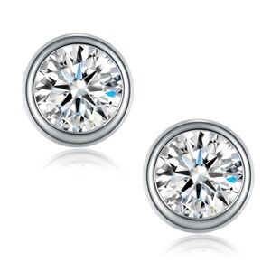 Genuine ~Certified 1 Carat Bezel Set Diamond 18k White Gold Stud Earrings Unisex
